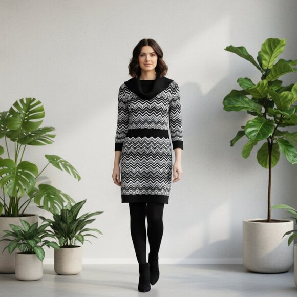 Bebe Cowl Neck  with Lurex Black and White Zig Zag Long Sleeve Dress - Picture 1 of 11
